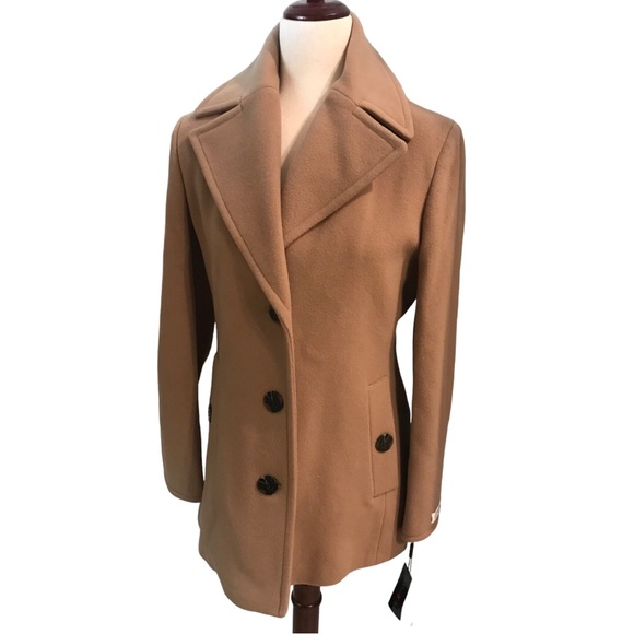 Calvin Klein Ladies Wool Cashmere Blend Classic Pea Coat XS Camel Pockets New - Picture 3 of 16